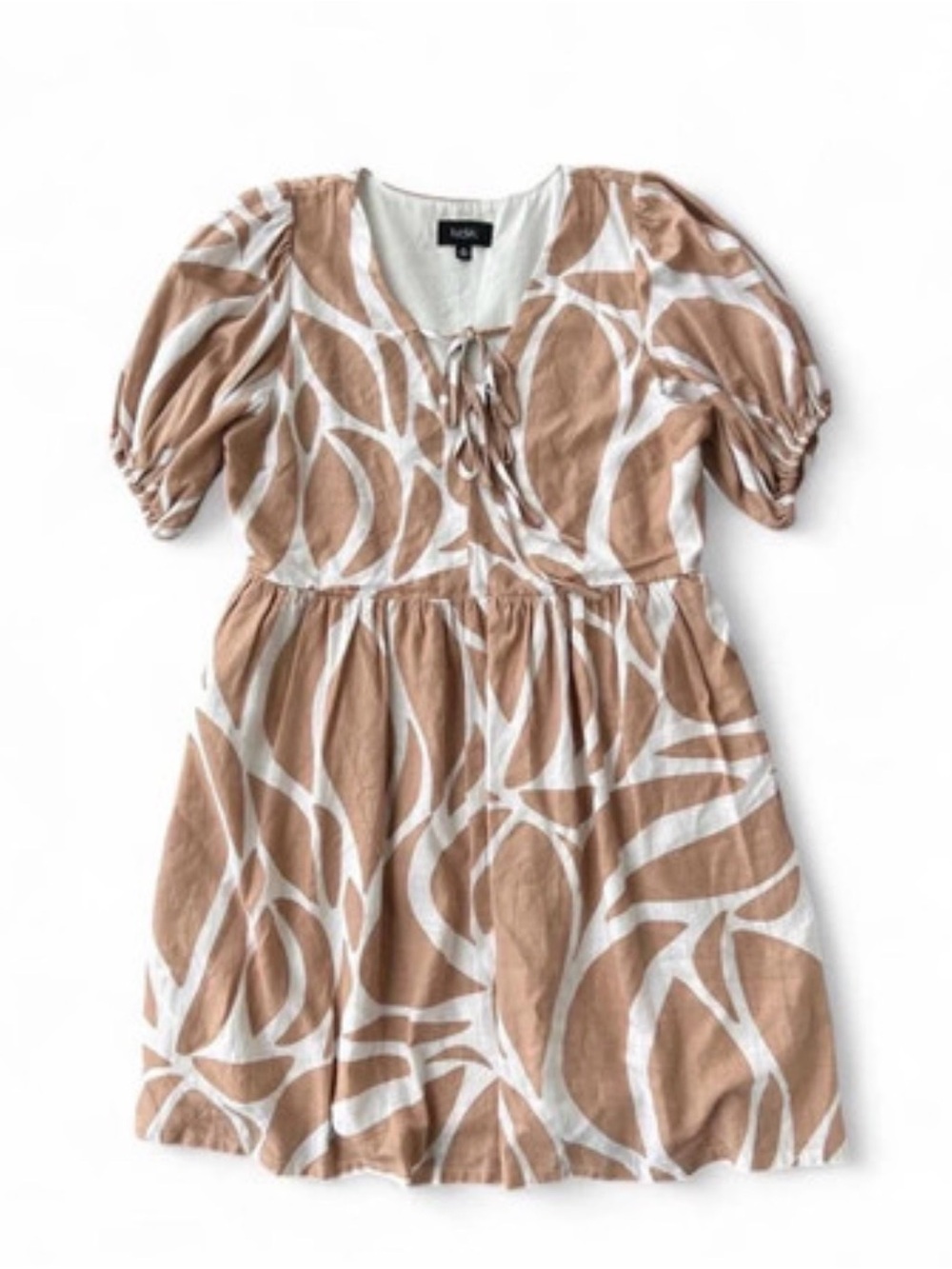 MSK Beige and White Tie-Front Puff Sleeve Midi Dress-$10 no offers Brand new